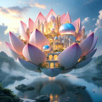 The primary subject of the image is a large, intricately designed flower with a pink center, surrounded by a castle-like structure. The setting is a body of water, with the flower and castle floating on the surface. The visual style is a combination of digital art and illustration, creating a vibrant and imaginative scene. The dominant colors are pink and white, giving the image a warm and inviting atmosphere.